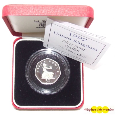 1997 Silver Proof PIEDFORT Fifty Pence Coin - Click Image to Close